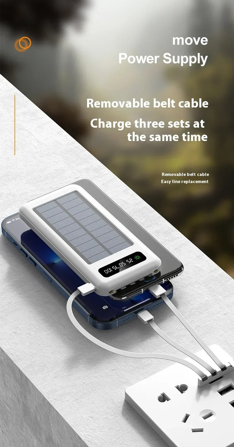Solar Power Bank 20000mAh - Portable Fast Charging Outdoor Power Bank with Removable Cable