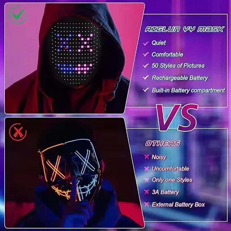 LED Gesture Sensing Mask - Light Up Face Transforming Halloween Costume Mask