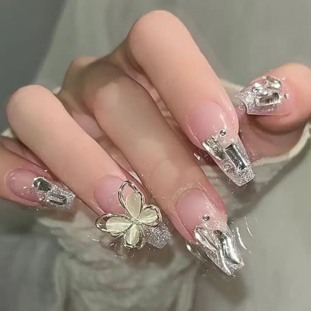 24Pcs Glitter Diamond Press On Nails Blush Pink Cat Eye Fake Nails Sweet Cute Coffin Full Cover Short Square False Nail Tips Art