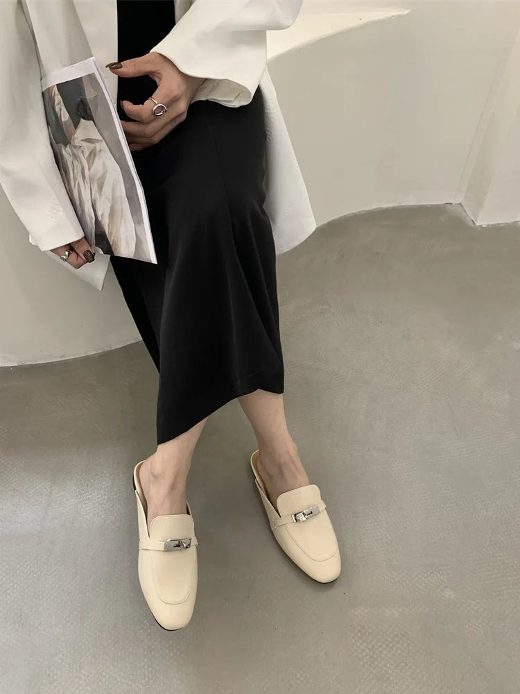 2025 Summer Autumn New Women's Leather Comfortable Slip On Slippers Daily Metal Decoration Casual Outside Mules Female Sandals