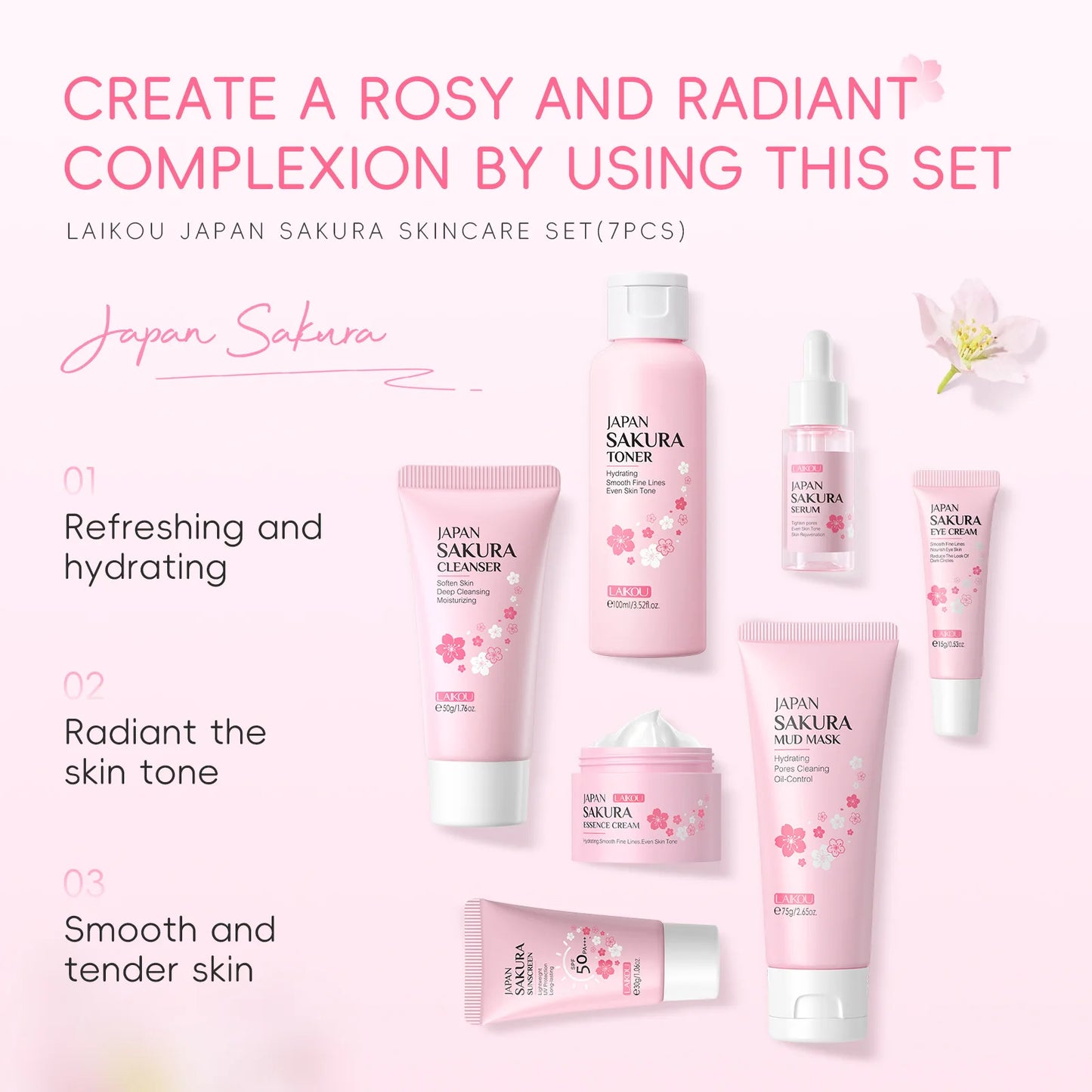 Korean Sakura Skincare Set Hydration Moisturize Cleanse Pores Sunscreen Protection Cosmetic Beauty