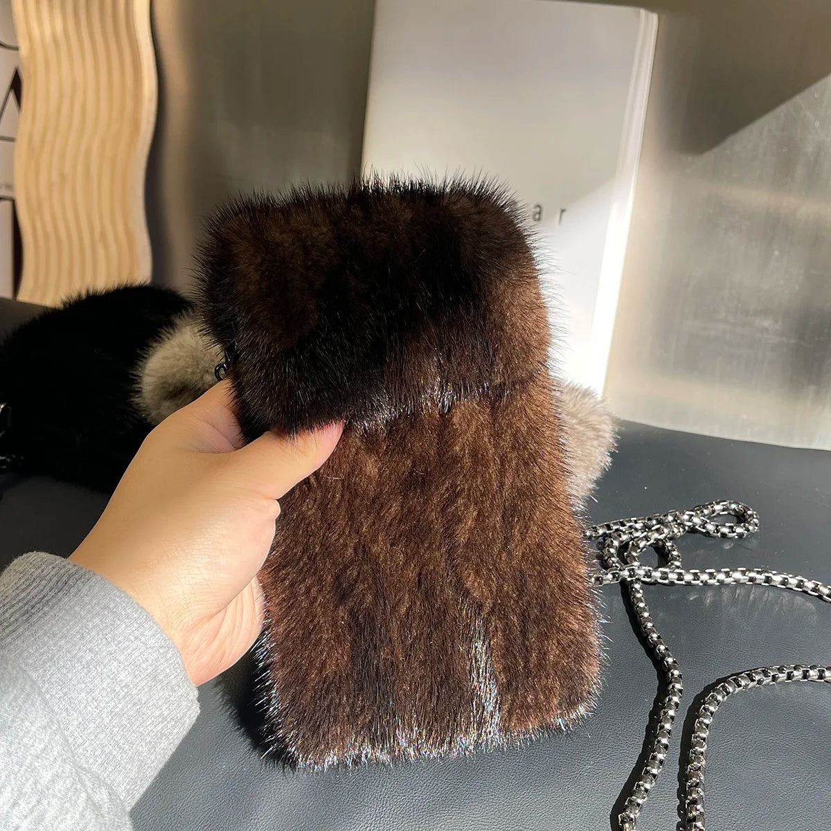 Real Mink Fur Bag Crossbody Bags For Women Phone Bag Lady Shoulder Bags Real Fur Bag Female Messenger Bag Winter Handbag Ladies