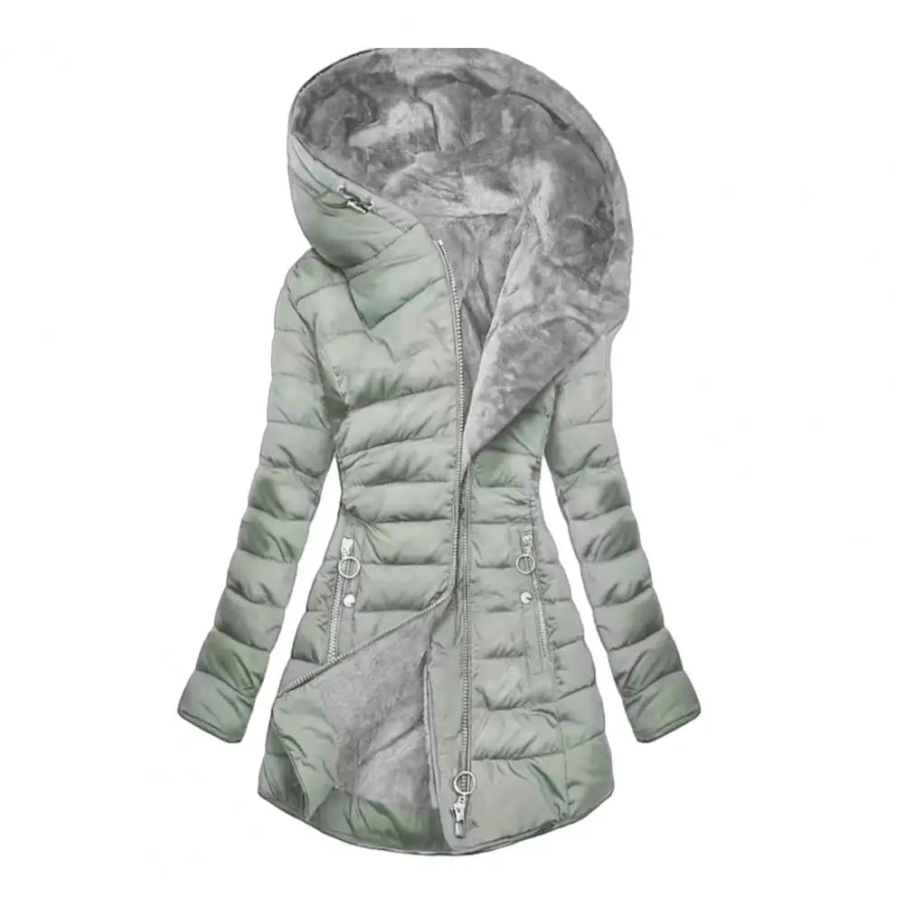 Women's long hooded puffer coat with full zip and pockets