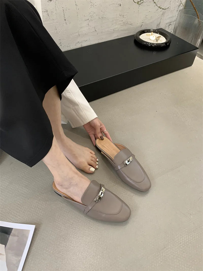 2025 Summer Autumn New Women's Leather Comfortable Slip On Slippers Daily Metal Decoration Casual Outside Mules Female Sandals