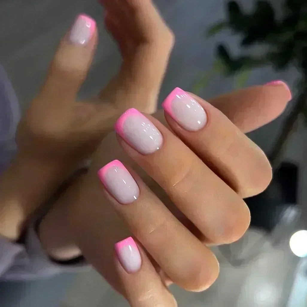 24Pcs French Tip Handmade Press On Nails Minimalist Solid Color Fake Nails Medium Square Full Cover Press On Nail Tips With Glue