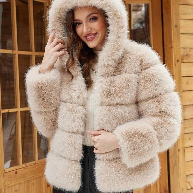 Luxe Women's Short Hooded Faux Fox Fur Coat Fashion Streetwear with Faux Fur Trim Thickened Winter Faux Fur Outwear