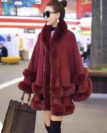 7 Women 2 Circle Fur Poncho Shawl Cloak With Hat Faux Fur Cape Big Pendulum Dovetail Cardigan Winter Warm Thick Loose Overcoat