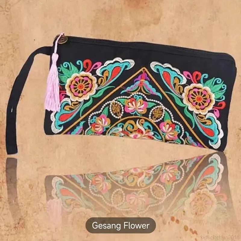 Retro Style Square Purse Ethnic Style Phone Clutches Floral Embroidered Bag Zipper Storage Bag Flower Fabric Clutch Bag