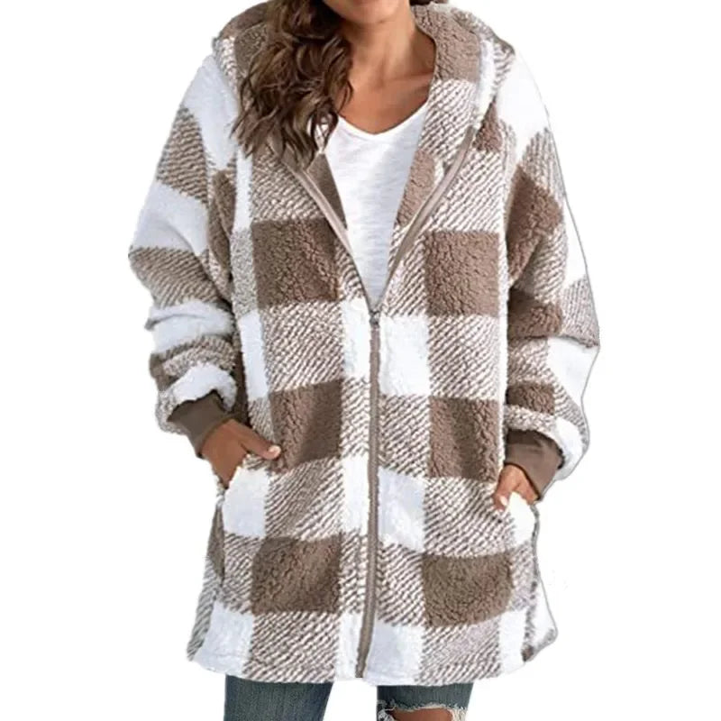 Plush women's coat 2026 long sleeve plaid hooded zipper loose coat with pocket coat women