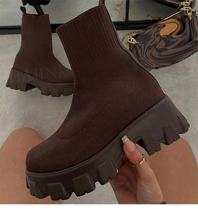 CloudStep Luxe Platform Sock Shoes Boots – Chunky Knit Stretch Boots with Heels | Trendy Women’s Fashion Streetwear Shoes