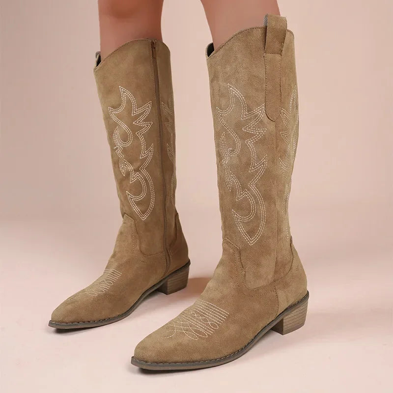 Embroidered Western Cowboy Boots for Women - Pointed Toe Knee High Boots with Thick Heel