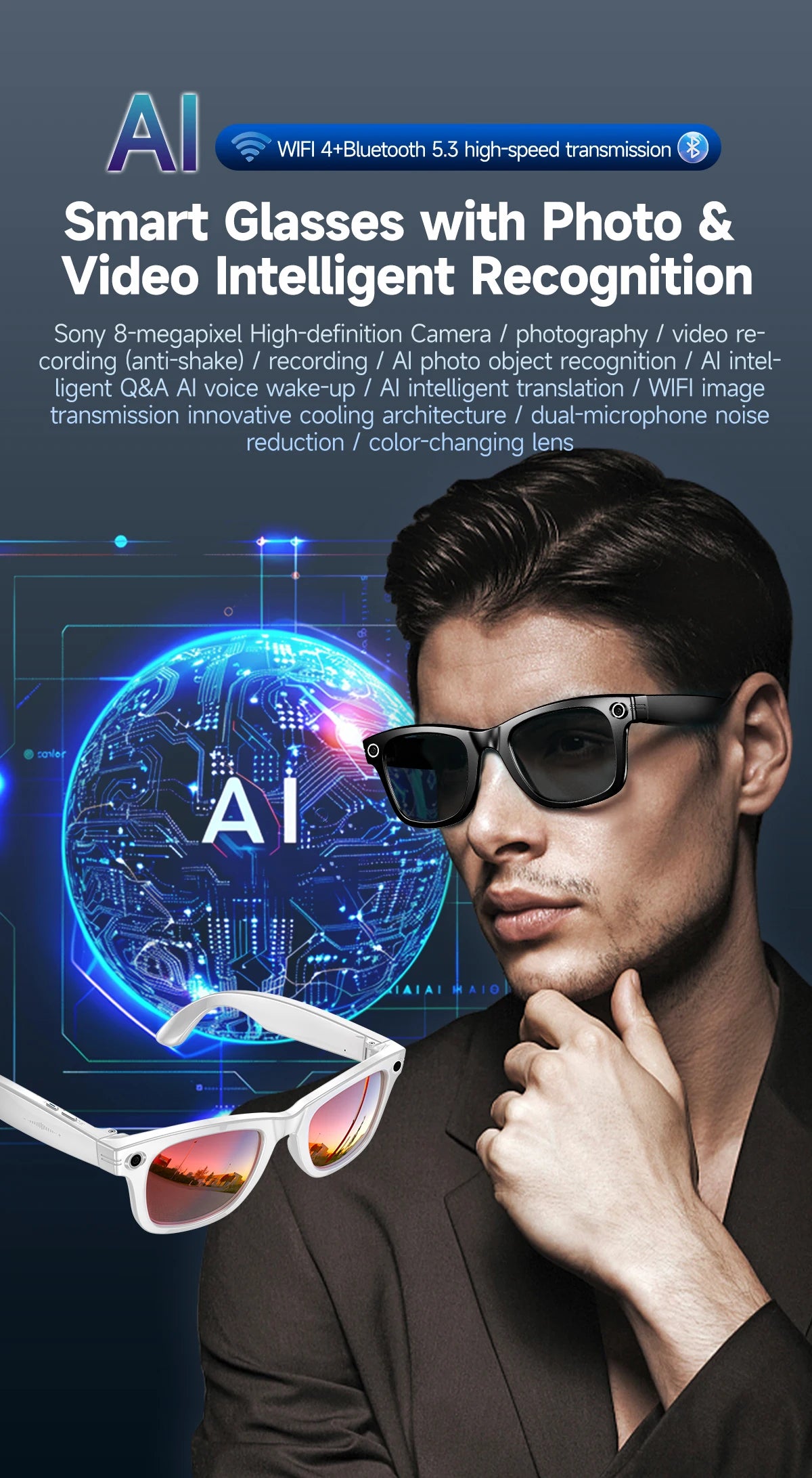 2026 Smart Glasses 8MP Camera WiFi Bluetooth Touch Control IP65 Waterproof AI Translation Noise Cancelling AI Glasses Women