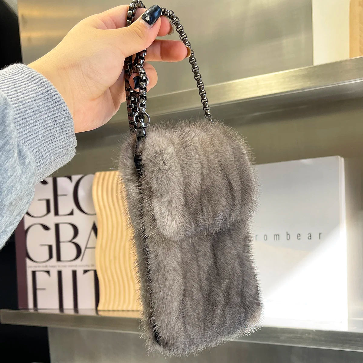 Real Mink Fur Bag Crossbody Bags For Women Phone Bag Lady Shoulder Bags Real Fur Bag Female Messenger Bag Winter Handbag Ladies