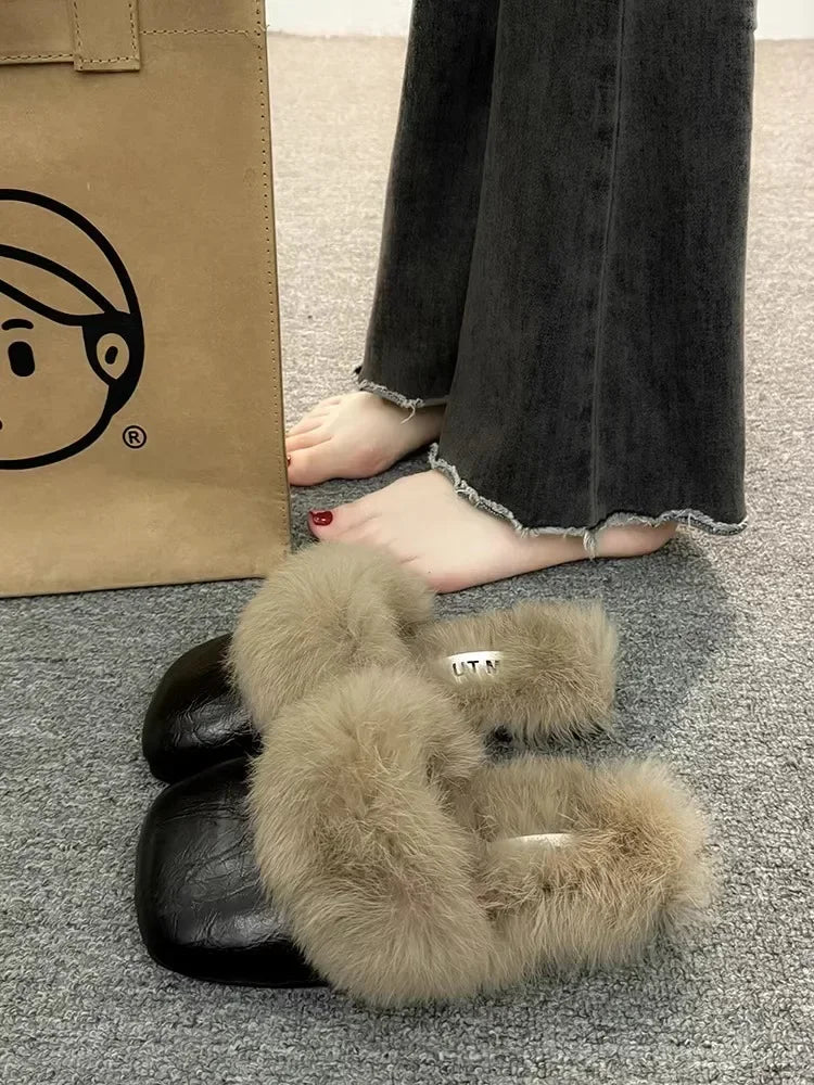 Women's Autumn/Winter Outdoor Wear New Style Flat Bottom Fur Slippers One Foot Drag No Heel Mule Fur Slippers Adult Simple