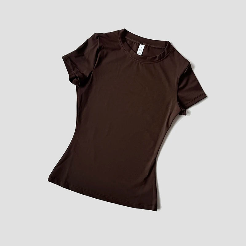 Dark brown fitted tank top with stretchy fabric for running.
