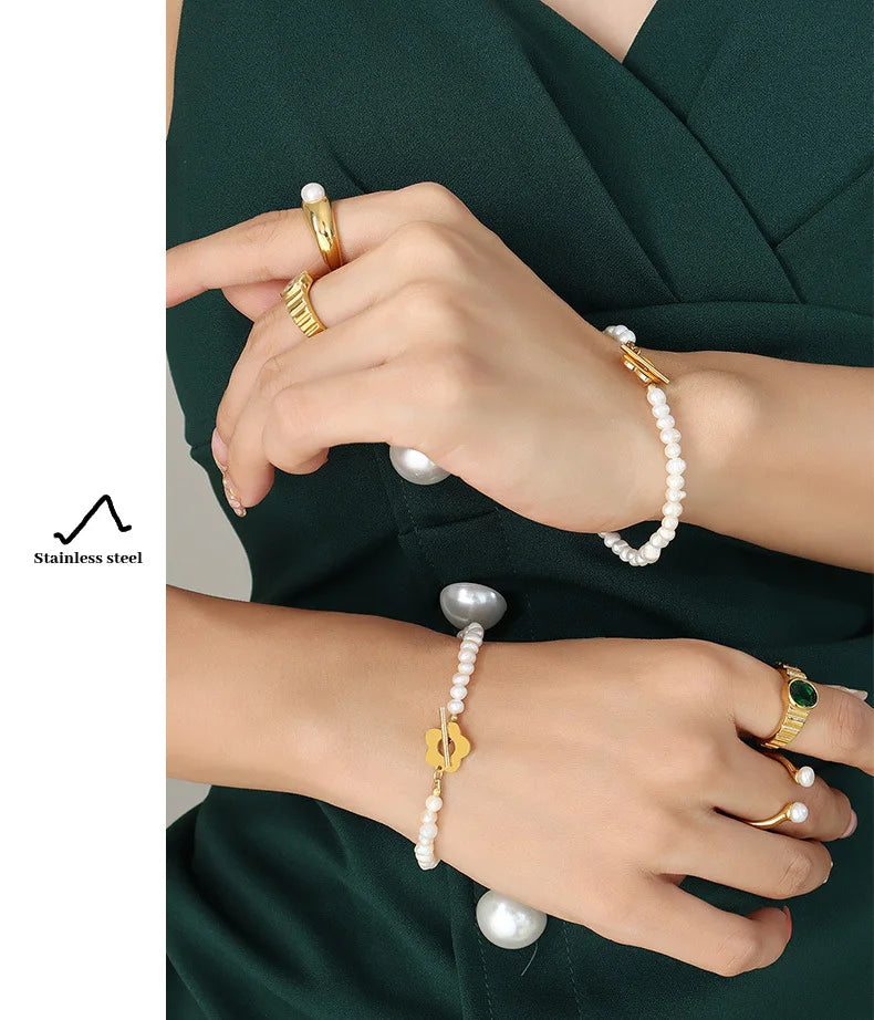 Natural Freshwater Pearl Bead Necklace Bracelet For Women Stainless Steel Gold Plated OT Buckle Women's Necklaces Bracelets Sets