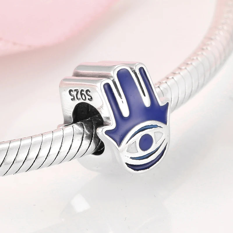 925 Silver Blue Enamel Fatima Hand Charm - DIY Jewelry Beads for Charm Bracelets