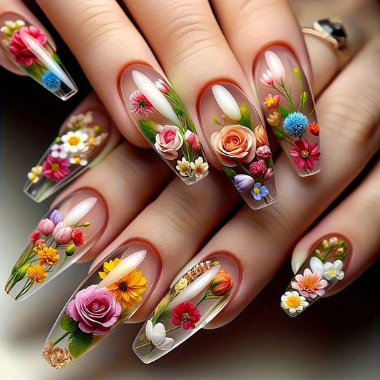 Medium-long Translucent Brilliant Flower Press-on Nails Stickers for Stunning Nails
