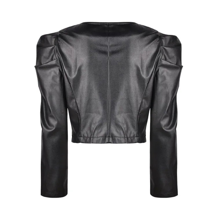 PU Leather Black Jacket Women Autumn Winter Fashin Casual Puff Sleeve O Neck Zipper Cropped Coats Slim Fit Streetwear Blazers
