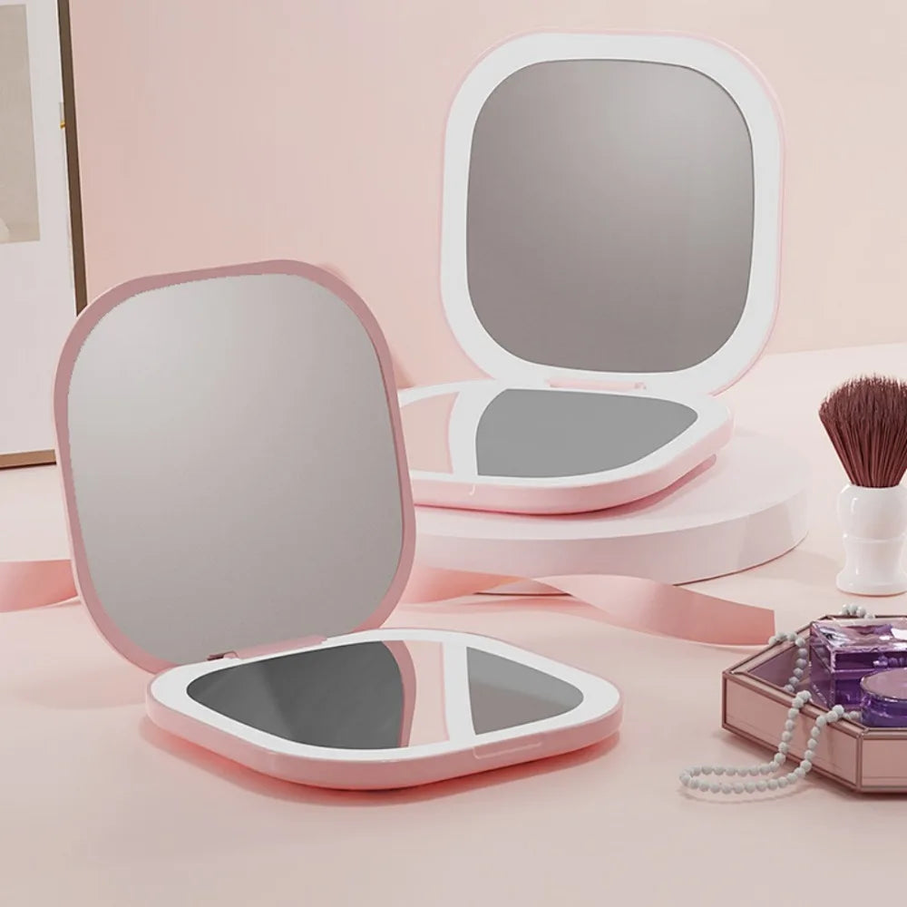 Portable Makeup Mirror with LED Fill Light Pocket Handheld Round Folding USB Charging Adjustable Hairdressing Tri Color Light