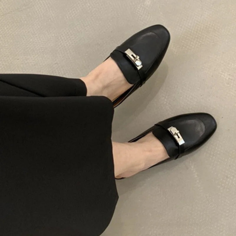 2025 Summer Autumn New Women's Leather Comfortable Slip On Slippers Daily Metal Decoration Casual Outside Mules Female Sandals