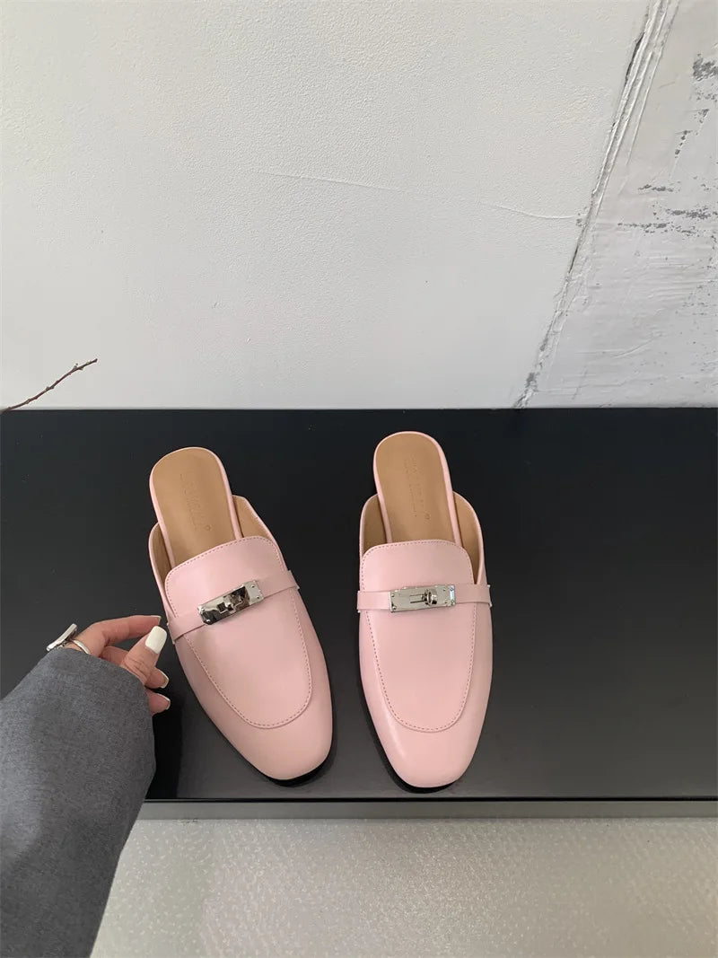 2025 Summer Autumn New Women's Leather Comfortable Slip On Slippers Daily Metal Decoration Casual Outside Mules Female Sandals