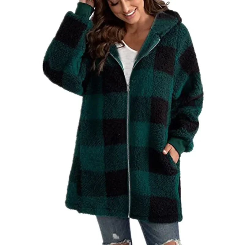Plush women's coat 2026 long sleeve plaid hooded zipper loose coat with pocket coat women