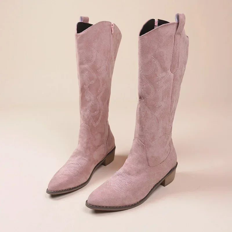 Embroidered Western Cowboy Boots for Women - Pointed Toe Knee High Boots with Thick Heel