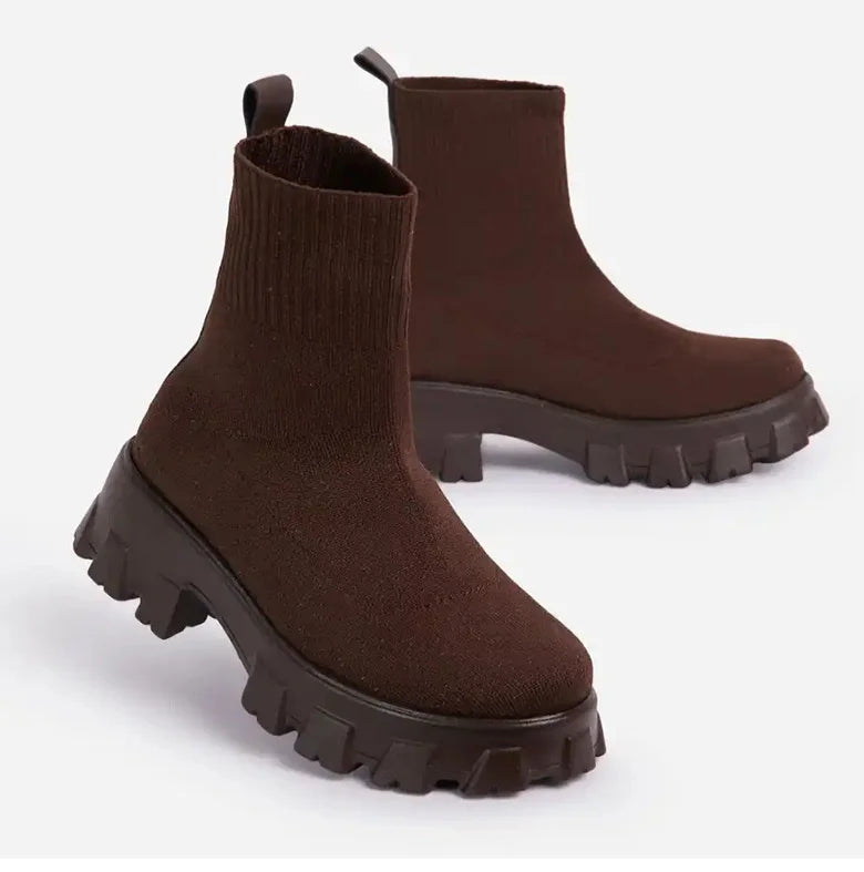 CloudStep Luxe Platform Sock Shoes Boots – Chunky Knit Stretch Boots with Heels | Trendy Women’s Fashion Streetwear Shoes