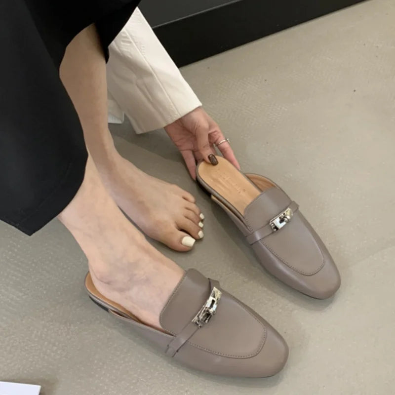 2025 Summer Autumn New Women's Leather Comfortable Slip On Slippers Daily Metal Decoration Casual Outside Mules Female Sandals