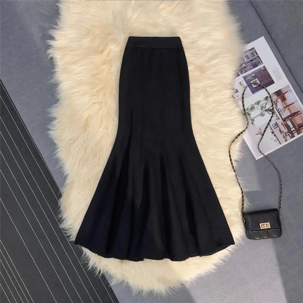 High Waist Knit Mermaid Skirt - Elegant Trumpet Style Long Skirt for Women