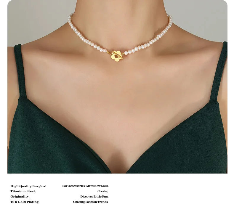 Natural Freshwater Pearl Bead Necklace Bracelet For Women Stainless Steel Gold Plated OT Buckle Women's Necklaces Bracelets Sets