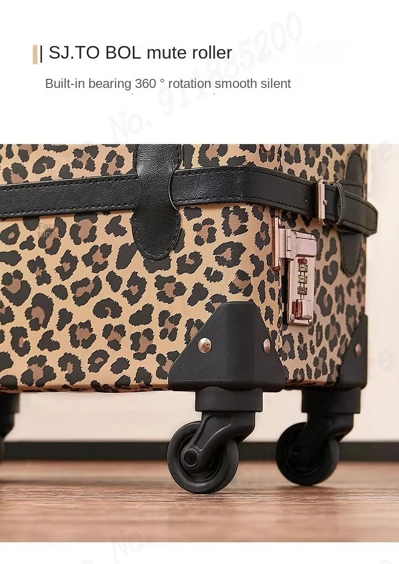 Trendy Retro Luggage Women's Roller Trunk Leopard Print Leather Suitcase 20" Boarding Box Set Waterproof Password Suitcase