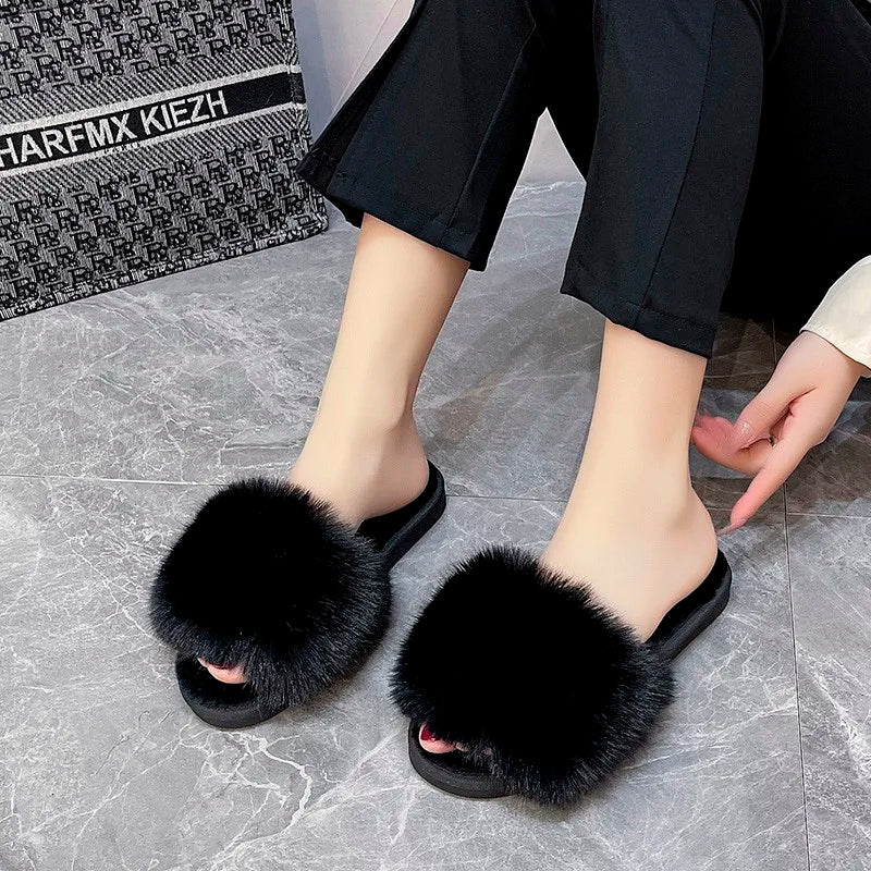 New Woman Slippers Winter Simple Word Fur Flats Soft Home Women Slippers Faux Fur Warm Bedroom Leisure Female Shoes