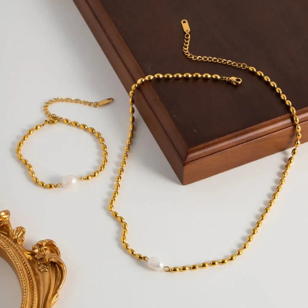 Statement Natural Pearl Charm Beaded Stainless Steel Necklace for Women Gold Color Collarbone Chain Minimalist Jewelry Set