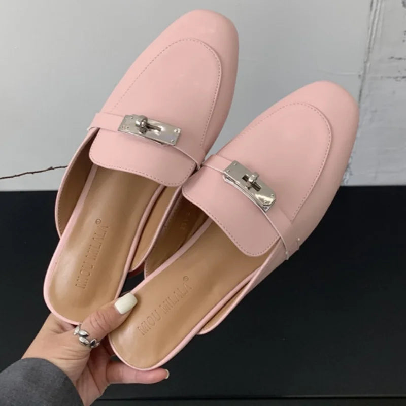 2025 Summer Autumn New Women's Leather Comfortable Slip On Slippers Daily Metal Decoration Casual Outside Mules Female Sandals