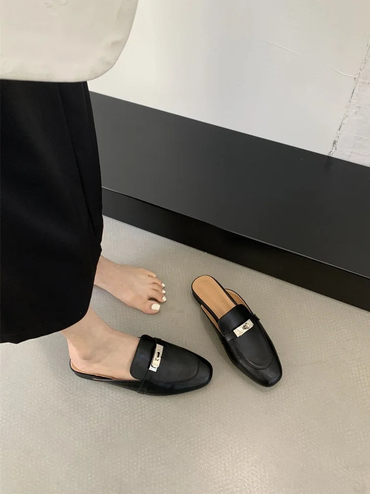 2025 Summer Autumn New Women's Leather Comfortable Slip On Slippers Daily Metal Decoration Casual Outside Mules Female Sandals