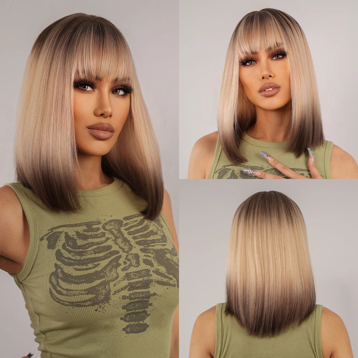 Synthetic Wigs Short Ombre Sky Blue White Wig with Bangs Straight Blunt Bob Cut Hair for Women Halloween Cosplay Heat Resistant