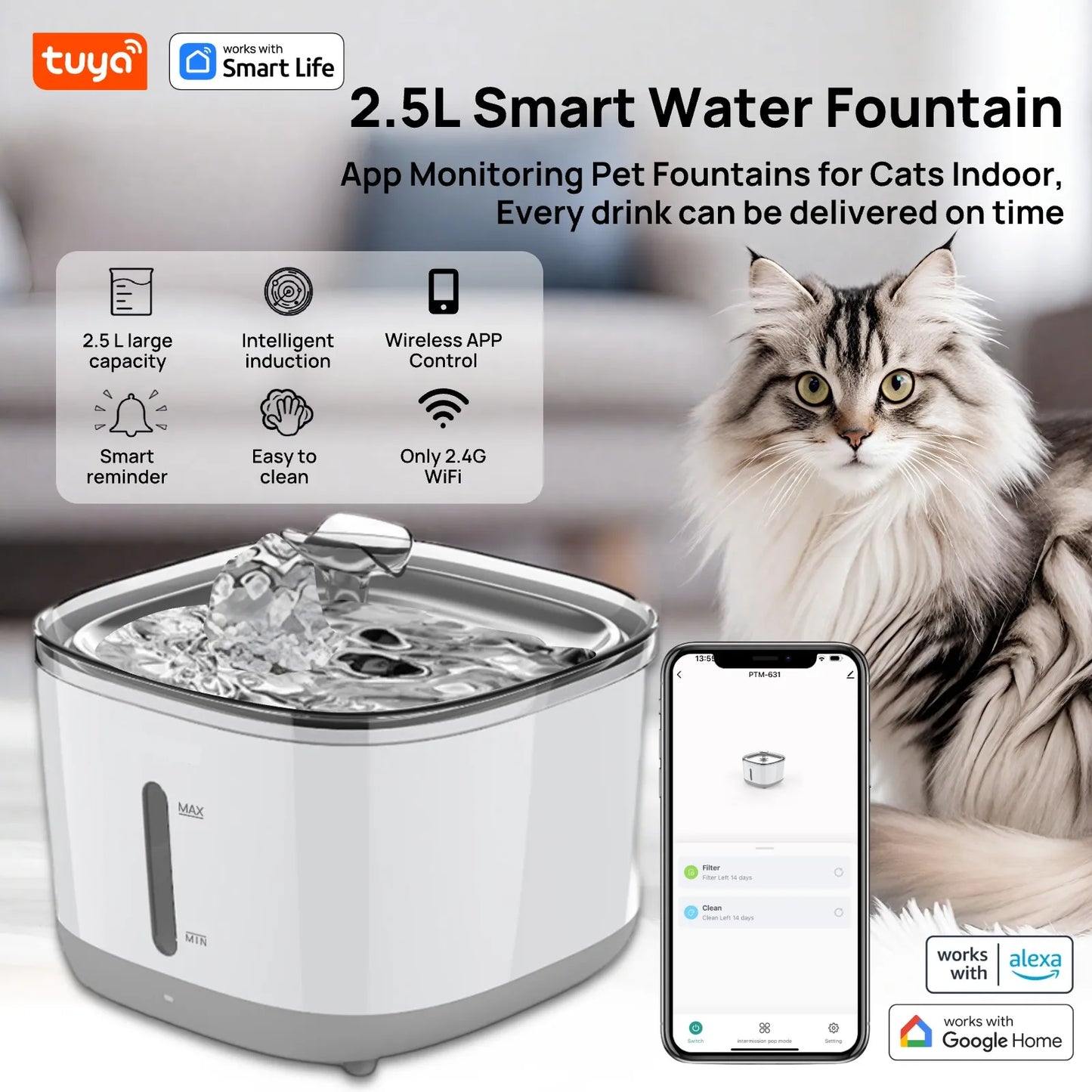 Smart Cat Water Fountain 2.5L - #1 Worldwide Tuya App Pet Water Dispenser with SUS304 Bowl