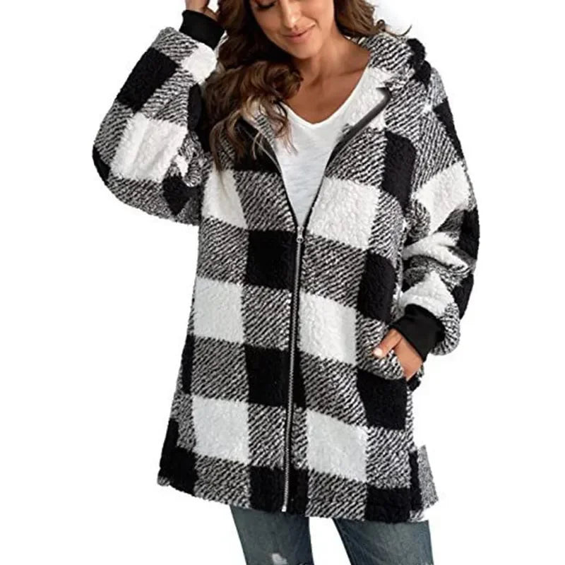 Plush women's coat 2026 long sleeve plaid hooded zipper loose coat with pocket coat women