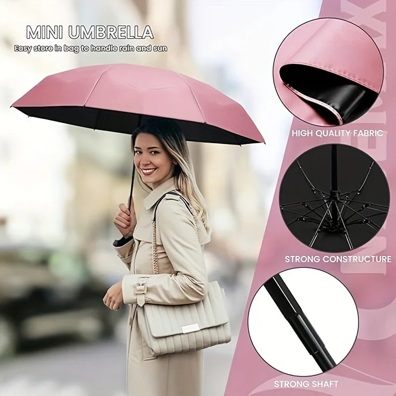 Anti-Uv Mini Umbrella For Sunny And Rainy Days, Portable With Uv Coating And 6 Reinforced Ribs