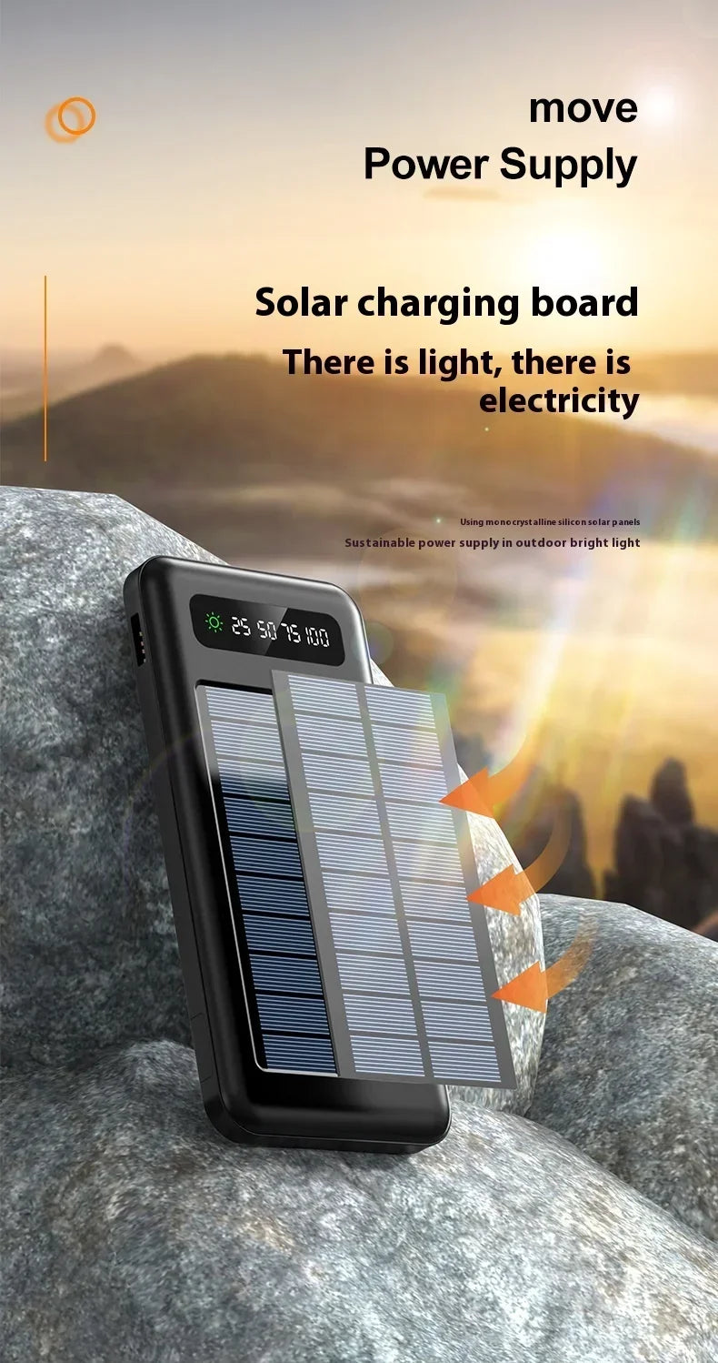 Solar Power Bank 20000mAh - Portable Fast Charging Outdoor Power Bank with Removable Cable