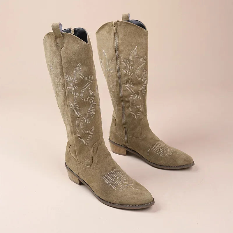 Embroidered Western Cowboy Boots for Women - Pointed Toe Knee High Boots with Thick Heel
