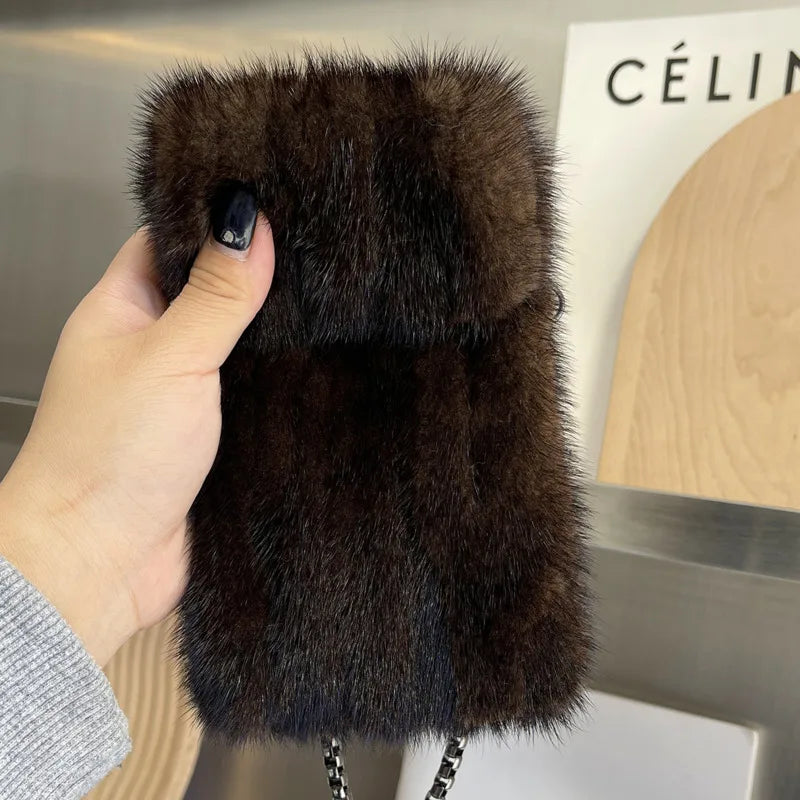 Real Mink Fur Bag Crossbody Bags For Women Phone Bag Lady Shoulder Bags Real Fur Bag Female Messenger Bag Winter Handbag Ladies