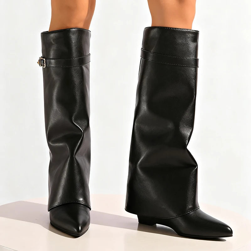 Designer Women's Long Boots - Wide Calf Shark Boots with Wedge Heel Knee High