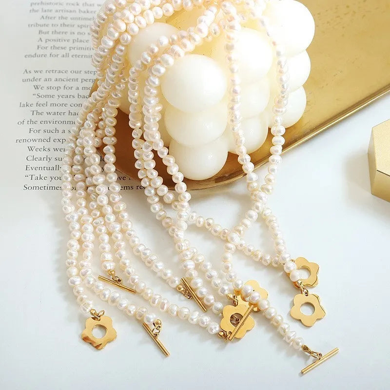 Natural Freshwater Pearl Bead Necklace Bracelet For Women Stainless Steel Gold Plated OT Buckle Women's Necklaces Bracelets Sets