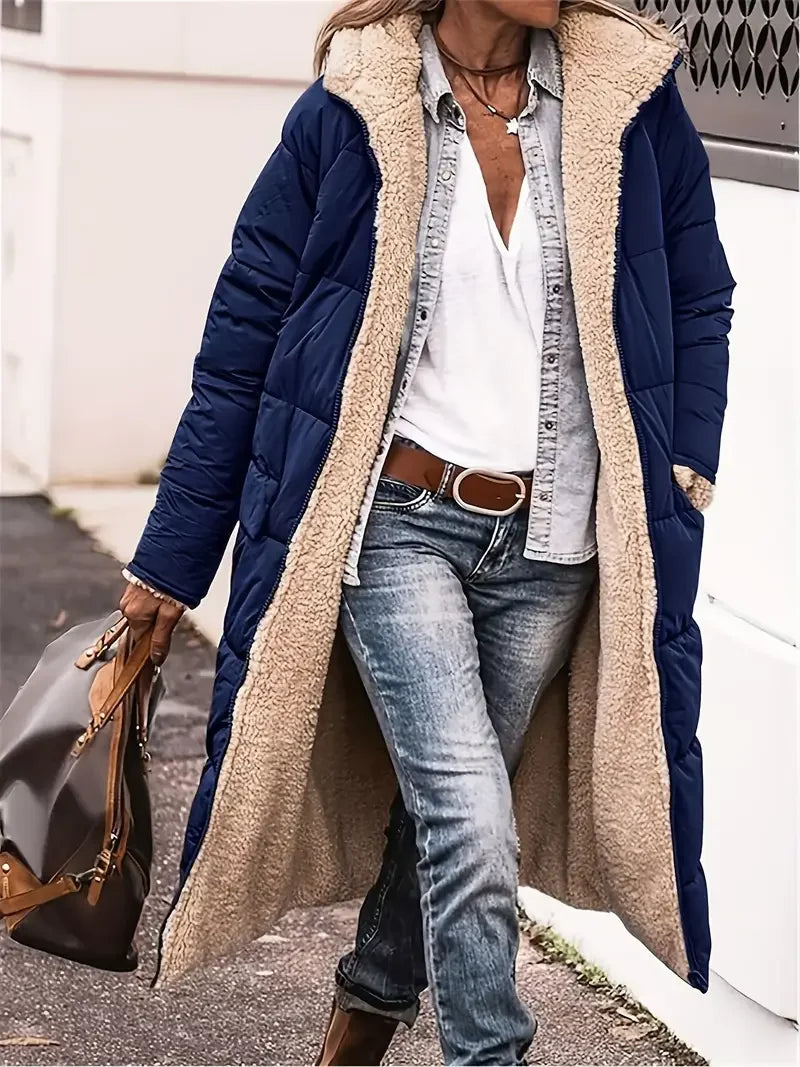 Women’s long hooded coat with zipper closure and pockets