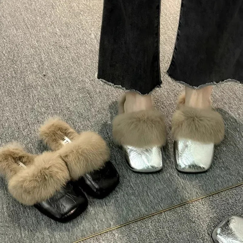 Women's Autumn/Winter Outdoor Wear New Style Flat Bottom Fur Slippers One Foot Drag No Heel Mule Fur Slippers Adult Simple