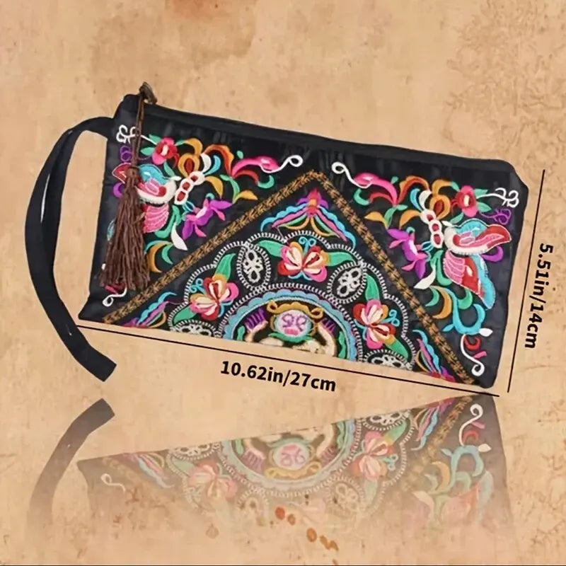 Retro Style Square Purse Ethnic Style Phone Clutches Floral Embroidered Bag Zipper Storage Bag Flower Fabric Clutch Bag