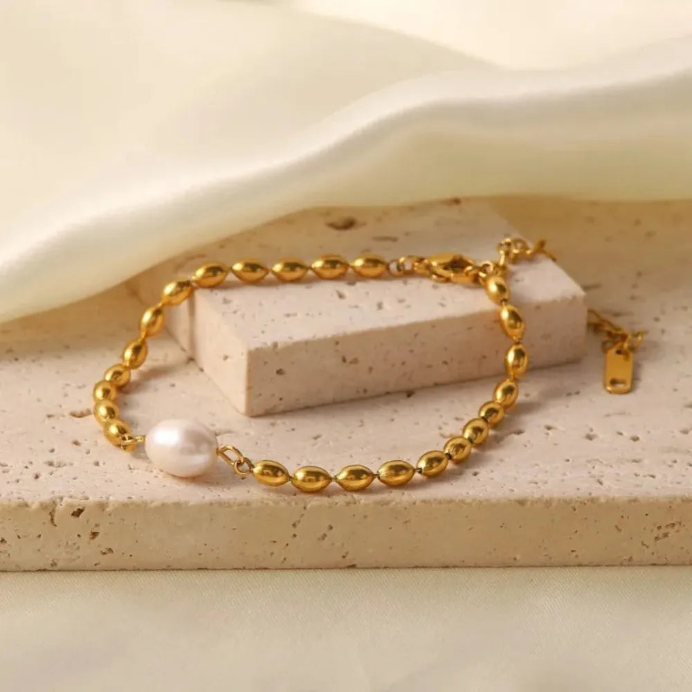Statement Natural Pearl Charm Beaded Stainless Steel Necklace for Women Gold Color Collarbone Chain Minimalist Jewelry Set